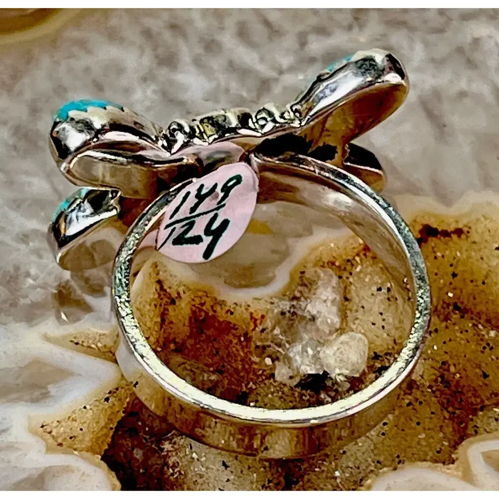 Southwest Sterling Silver Kingman Turquoise Pink Opal Butterfly Cluster Ring
